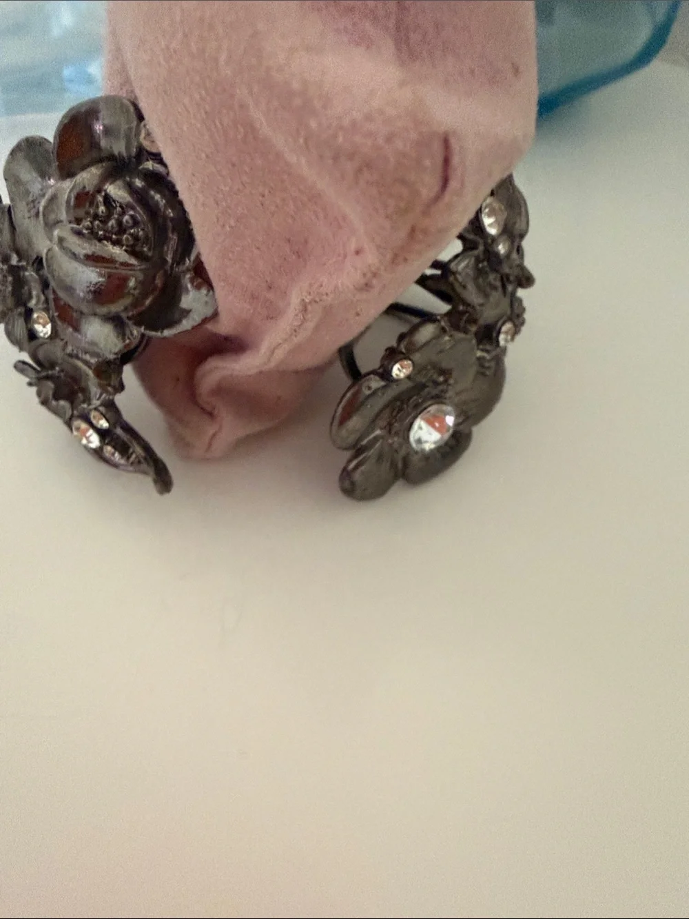 Floral Crystal Accent Bracelet - front snap shut , super cute! Silver tone